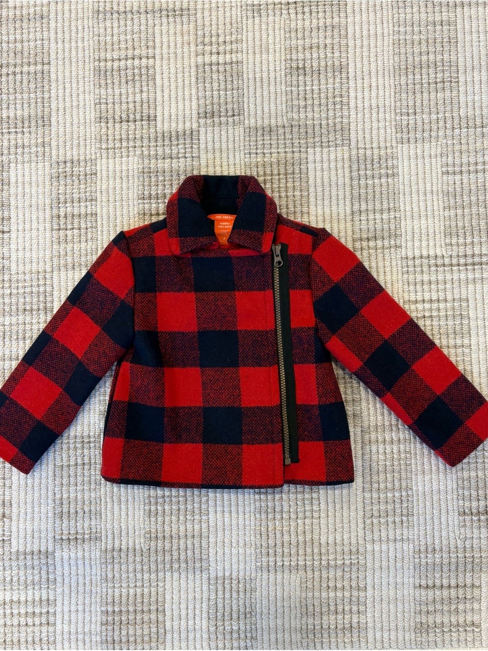 Joe Fresh Red & Navy Plaid Pea Coat with Side Zip